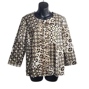 RUBY RD Beaded Blazer Womens Black Tan Leopard Print 3/4 Sleeves Stretch Size 12